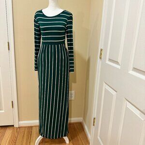 Green and White Boho Striped High Waisted Stretchy Maxi Long Sleeved Dress Sz S